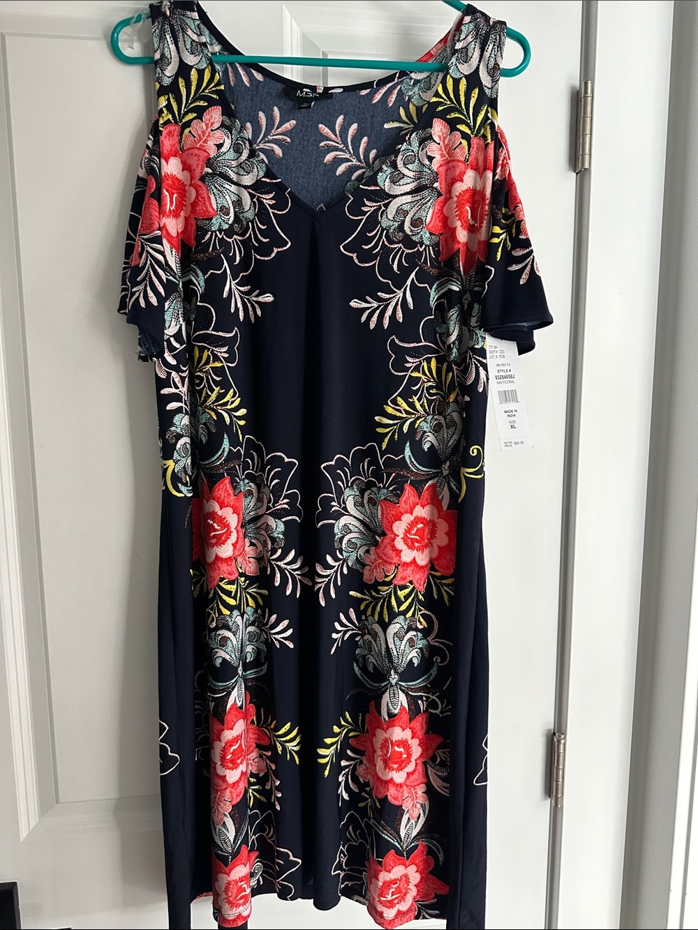 MSK Navy Cold-Shoulder Midi Dress with Red Floral Print
